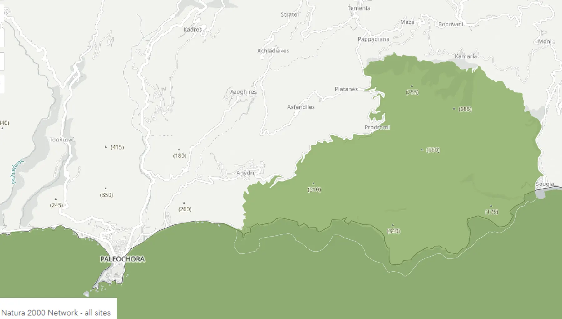 Natura 2000 viewer map around Anidri, Palaiochóra and Sougia